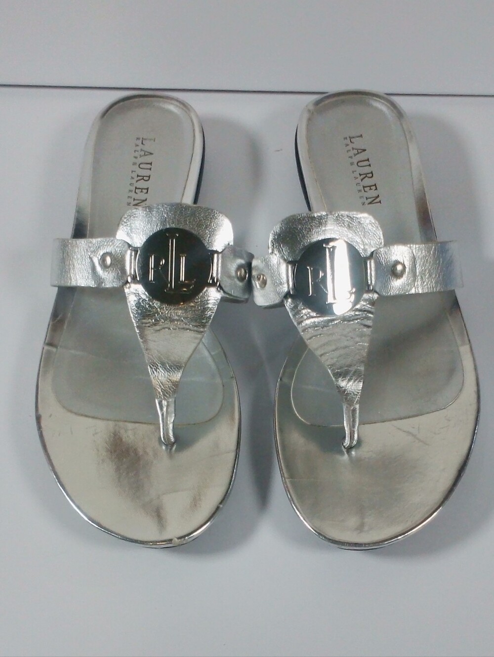 Lauren Ralph Lauren Kalana Sandals Womens 9.5B Silver Metallic Leather LRL Logo